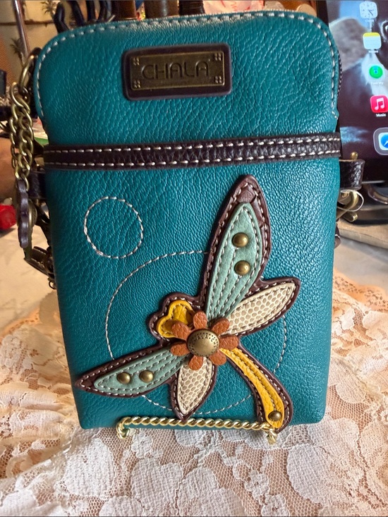 Chala Handbags - Chala Teal Dragonfly Crossbody Bag with Multicolor Applique